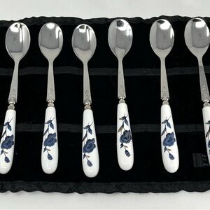 Vintage Blue and White Peony Demitasse Spoon Set w Velvet Case